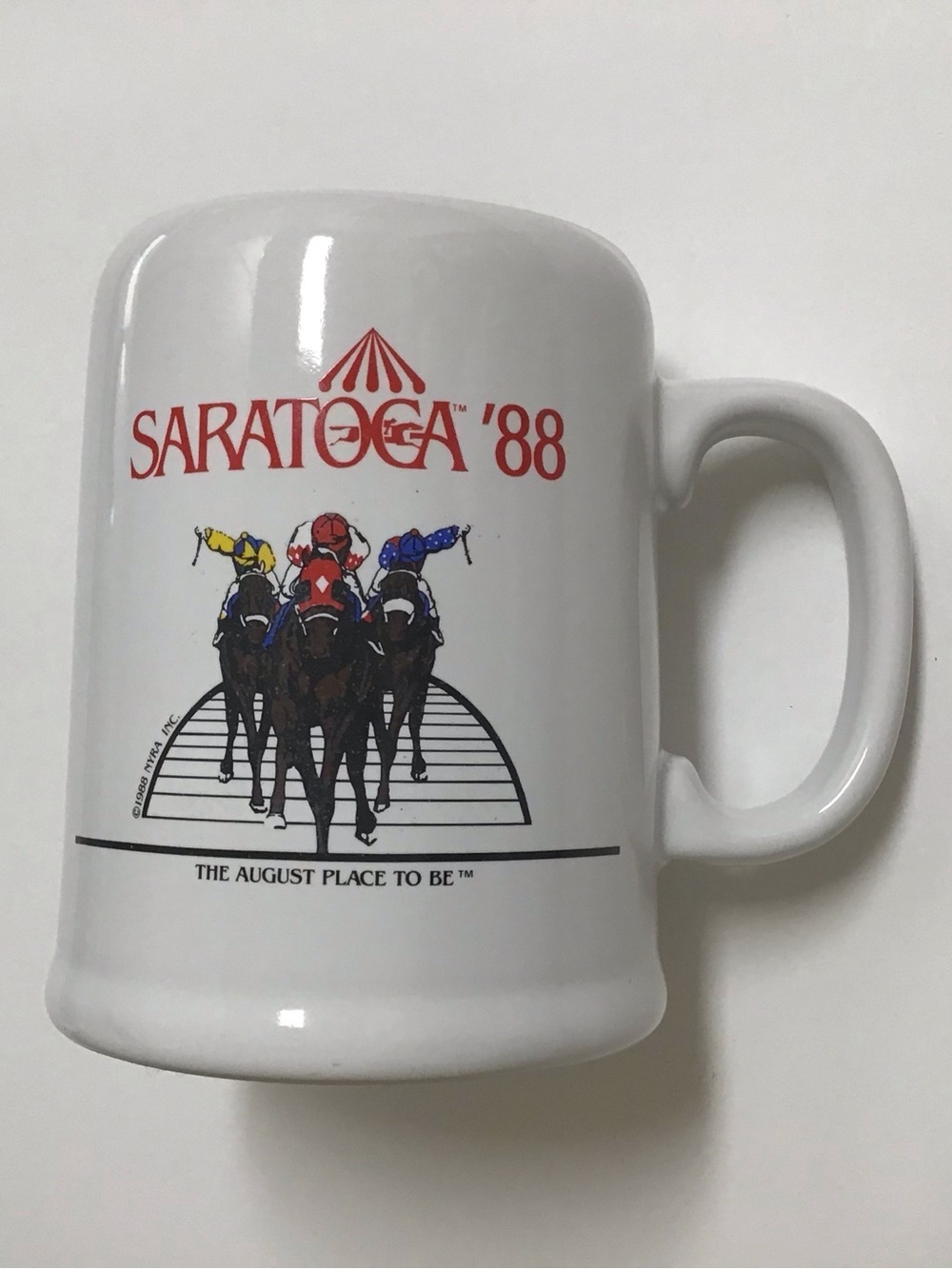 Saratoga '88 Coffee Mug Horse Racing Souvenir Ceramic Beer Tankard NY Vintage